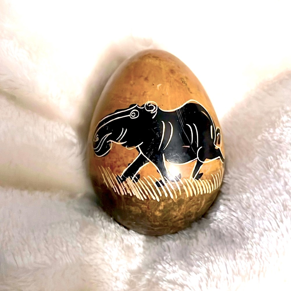 🔴 CLEARANCE 🦛 AFRICAN HAND CRAFTED BROWN/BLACK HIPPO DECORATIVE STONE EGG KENYA